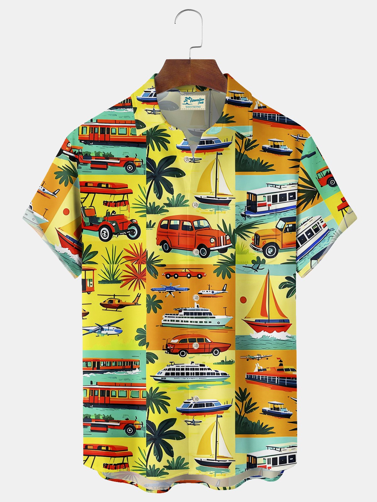 Royaura® Beach Resort Men's Hawaiian Shirt Car Cartoon Print Wrinkle Free Seersucker Stretch Pocket Camping Shirt Big Tall