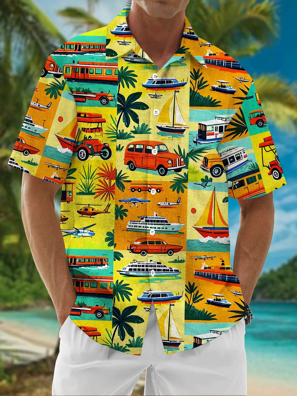 Royaura® Beach Resort Men's Hawaiian Shirt Car Cartoon Print Wrinkle Free Seersucker Stretch Pocket Camping Shirt Big Tall