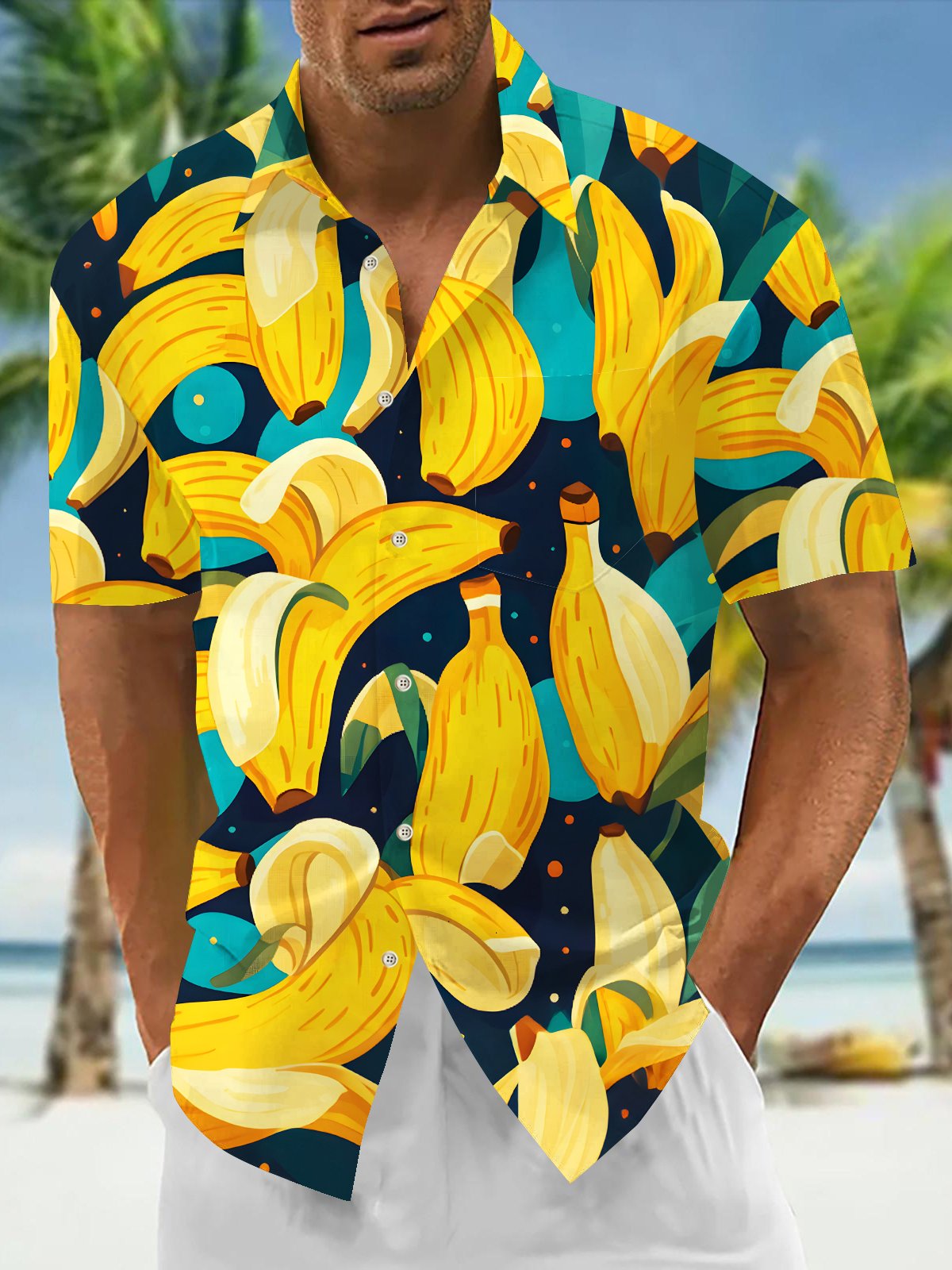 Royaura® Beach Resort Men's Hawaiian Shirt Banana Print Pocket Camping Shirt Big Tall