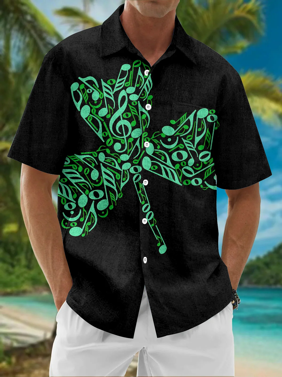 Royaura® St. Patrick's Day Lucky Music Notes Shamrock Print Men's Chest Pocket Stretch Hawaiian Holiday Shirt Costumes Outfits Big Tall