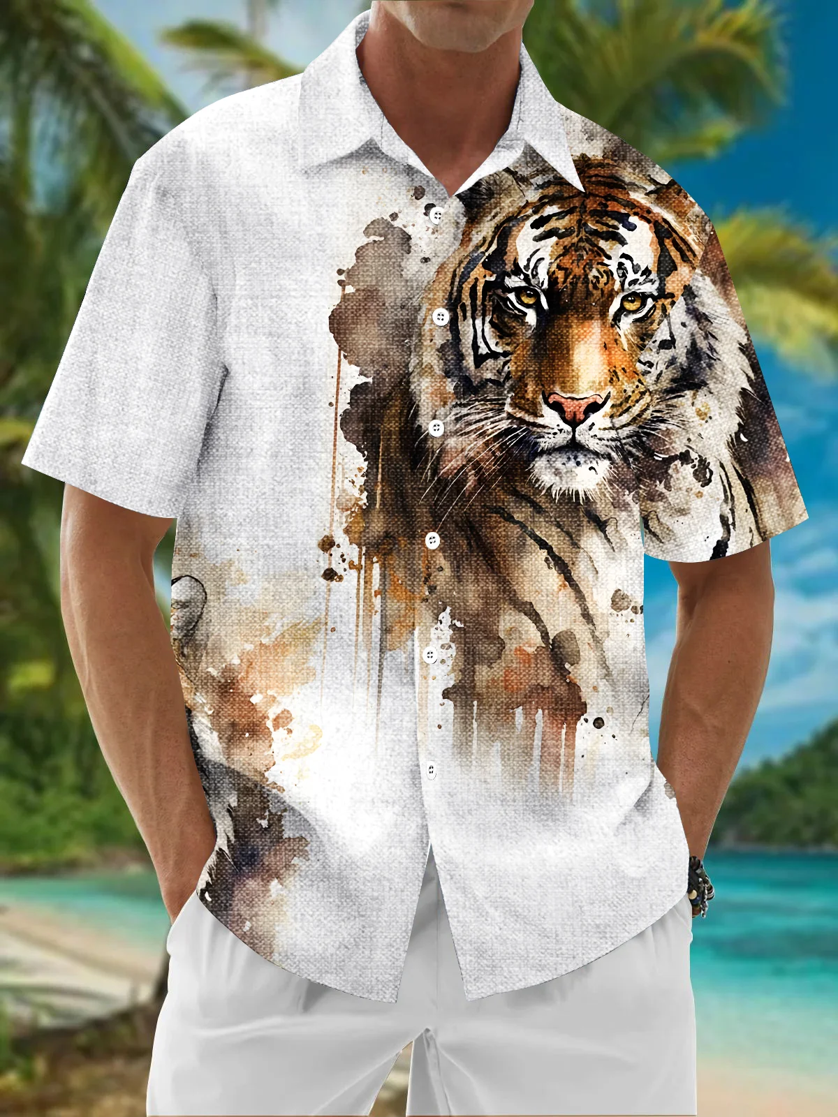 Royaura® Beach Resort Men's Hawaiian Shirt Tiger Print Pocket Camping Shirt Big Tall