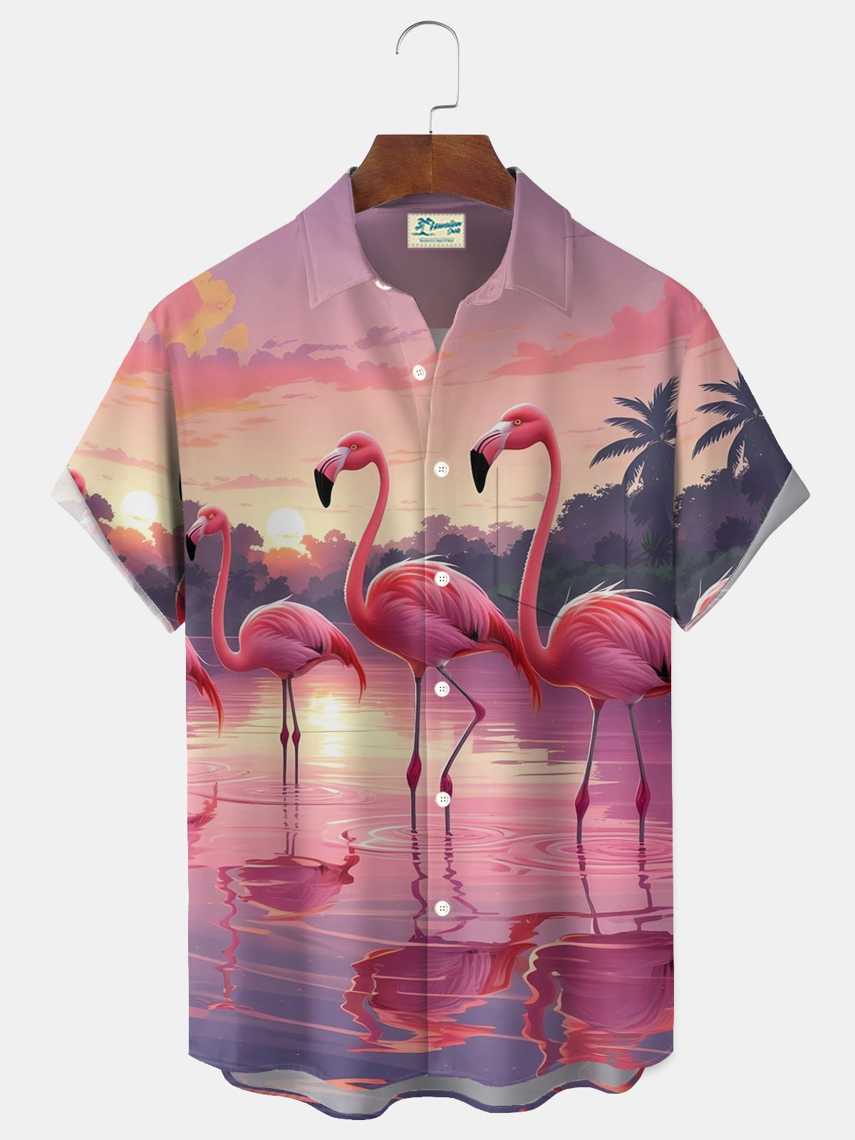 Royaura® Hawaiian Flamingo Gradient Print Men's Button Pocket Short Sleeve Shirt Big & Tall