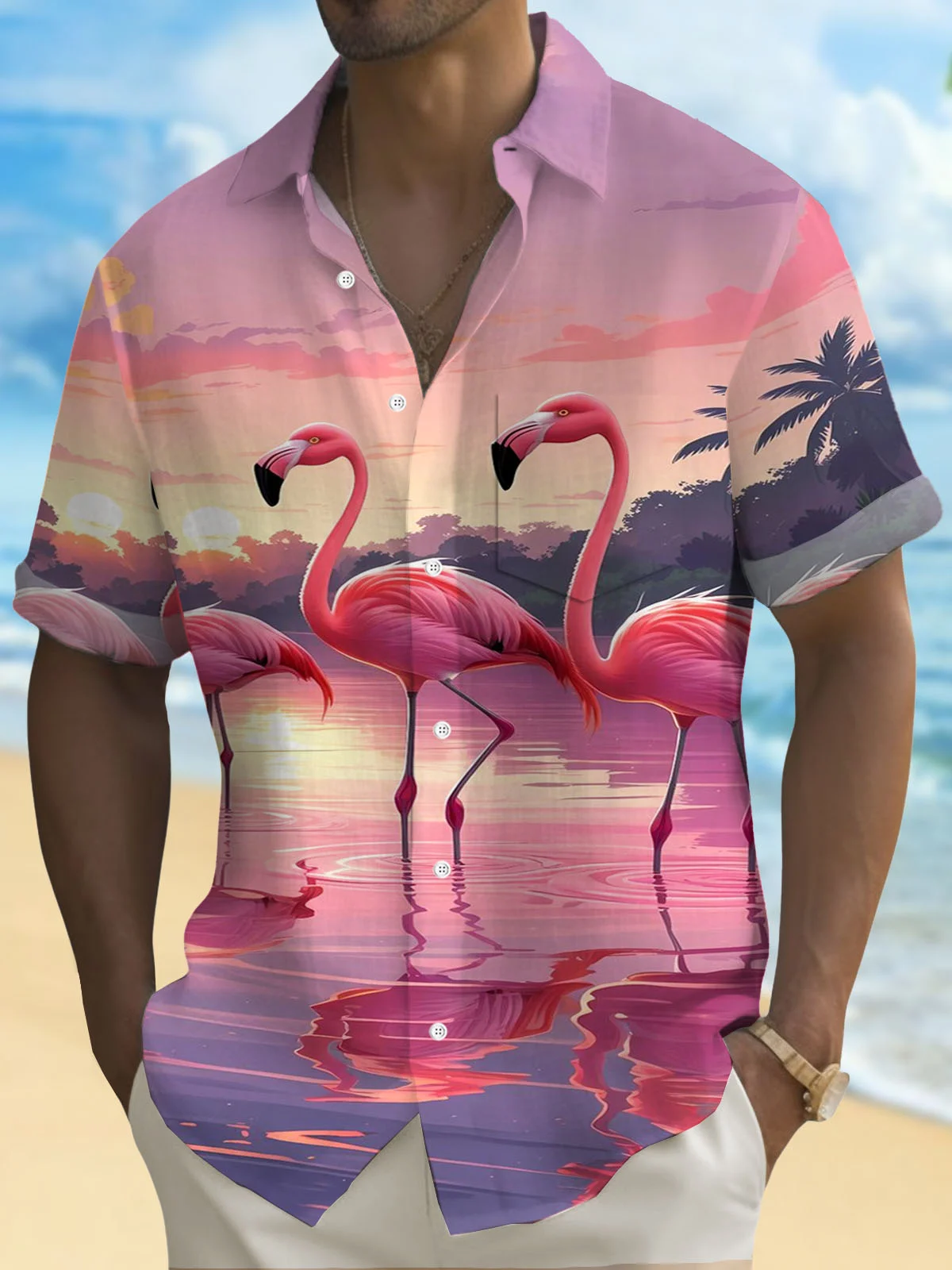 Royaura® Hawaiian Flamingo Gradient Print Men's Button Pocket Short Sleeve Shirt Big & Tall