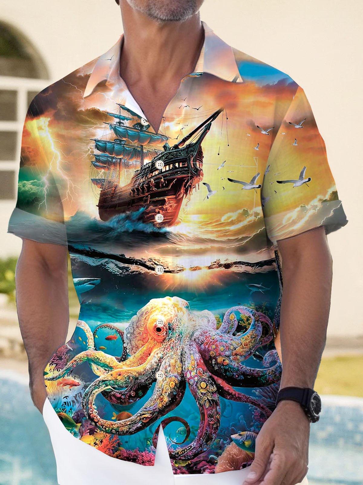 Royaura® Marine Life Pirate Ship Octopus Print Men's Button Pocket Short Sleeve Shirt Big & Tall