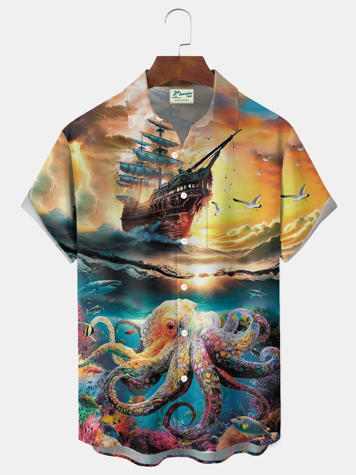 Royaura® Marine Life Pirate Ship Octopus Print Men's Button Pocket Short Sleeve Shirt Big & Tall