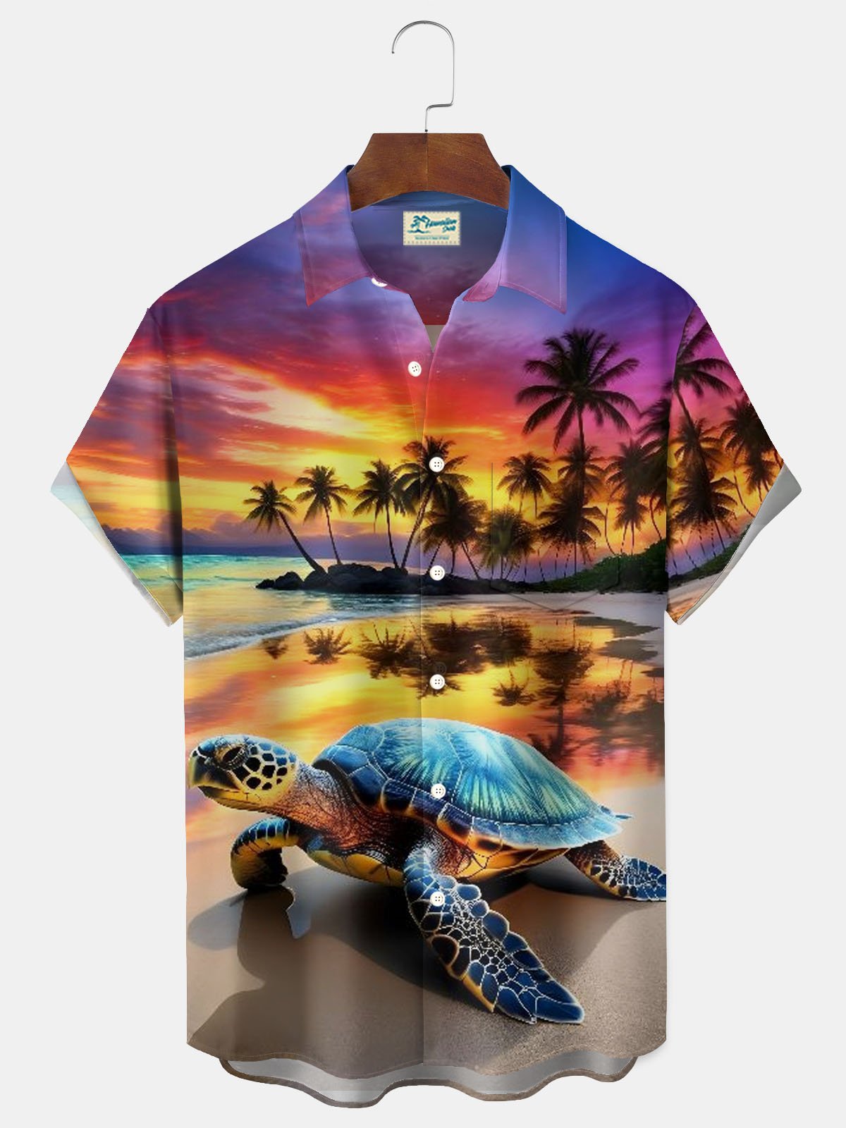 Royaura® Hawaiian Sea Turtle Coconut Tree Print Men's Button Pocket Short Sleeve Shirt Big & Tall