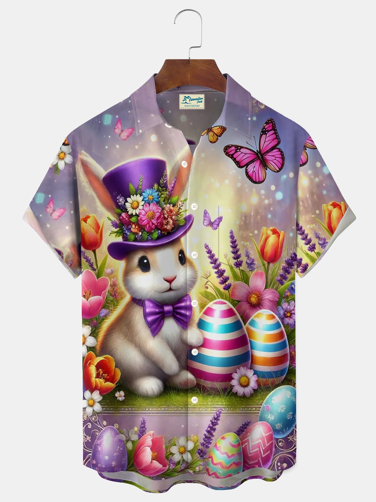 Royaura® Easter Bunny Lantern Print Men's Button Pocket Short Sleeve Shirt Big & Tall