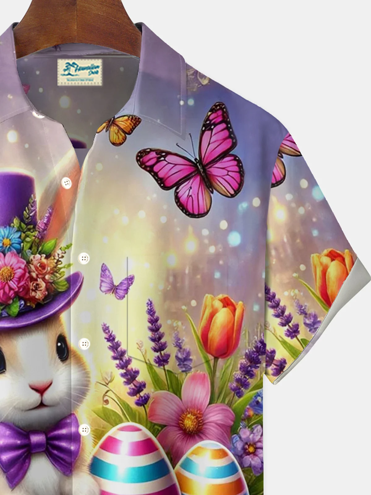 Royaura® Easter Bunny Lantern Print Men's Button Pocket Short Sleeve Shirt Big & Tall