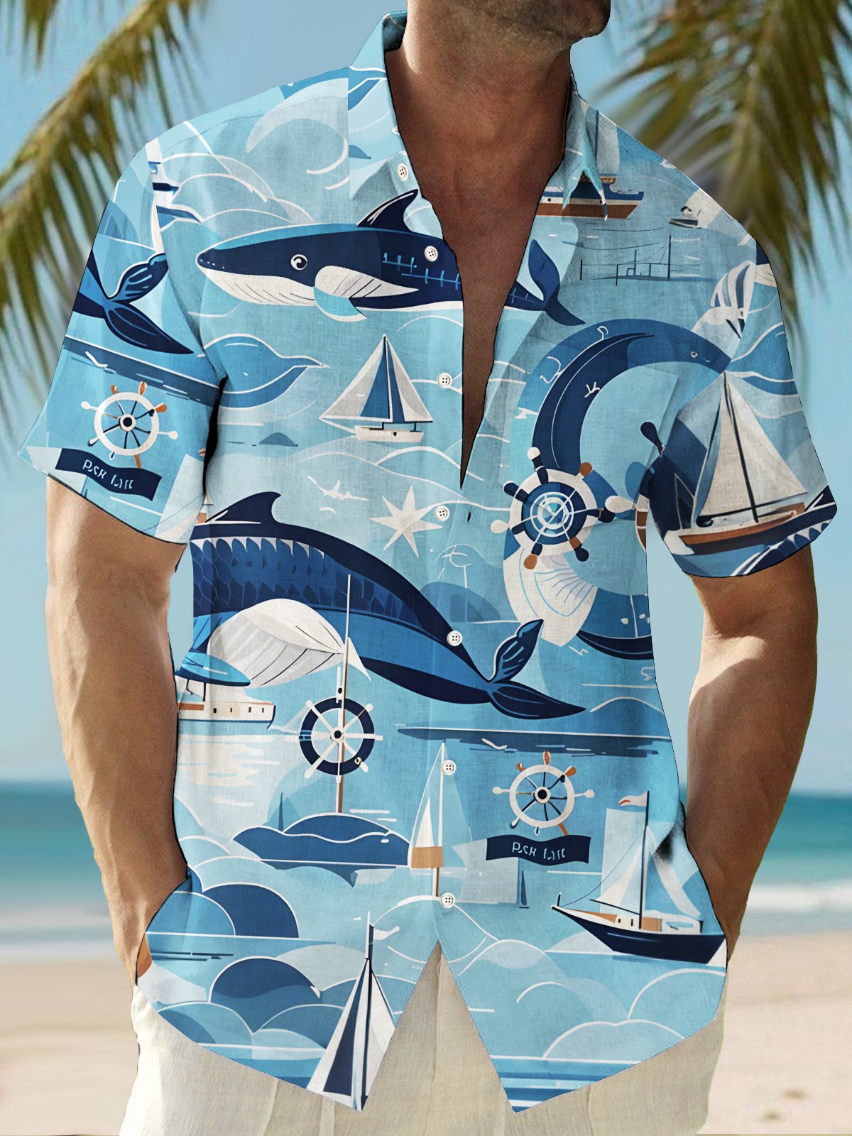 Royaura® Beach Resort Men's Hawaiian Shirt Nautical Sailing Ship Whale Print Pocket Camping Shirt Big Tall