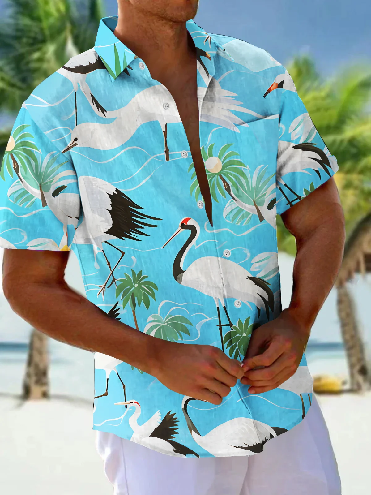 Royaura® Beach Resort Men's Hawaiian Shirt Plant Crane Print Pocket Camping Shirt Big Tall