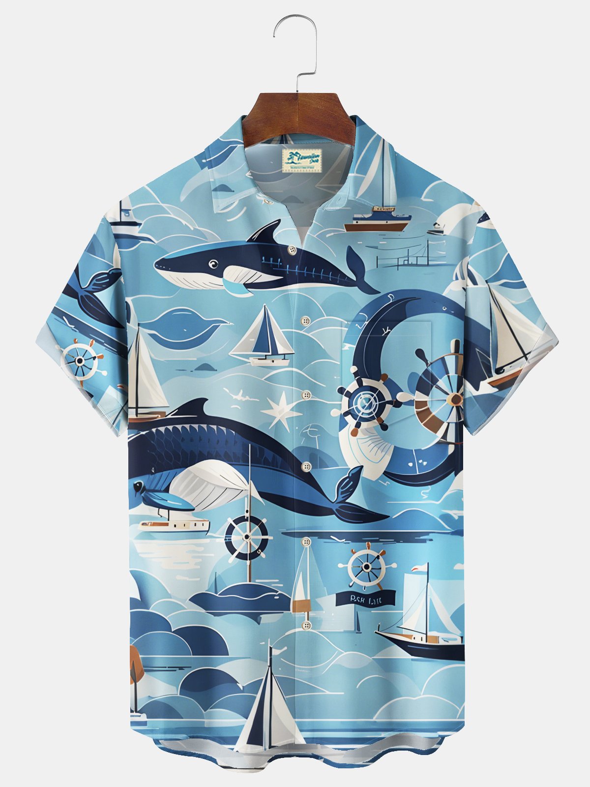 Royaura® Beach Resort Men's Hawaiian Shirt Nautical Sailing Ship Whale Print Pocket Camping Shirt Big Tall