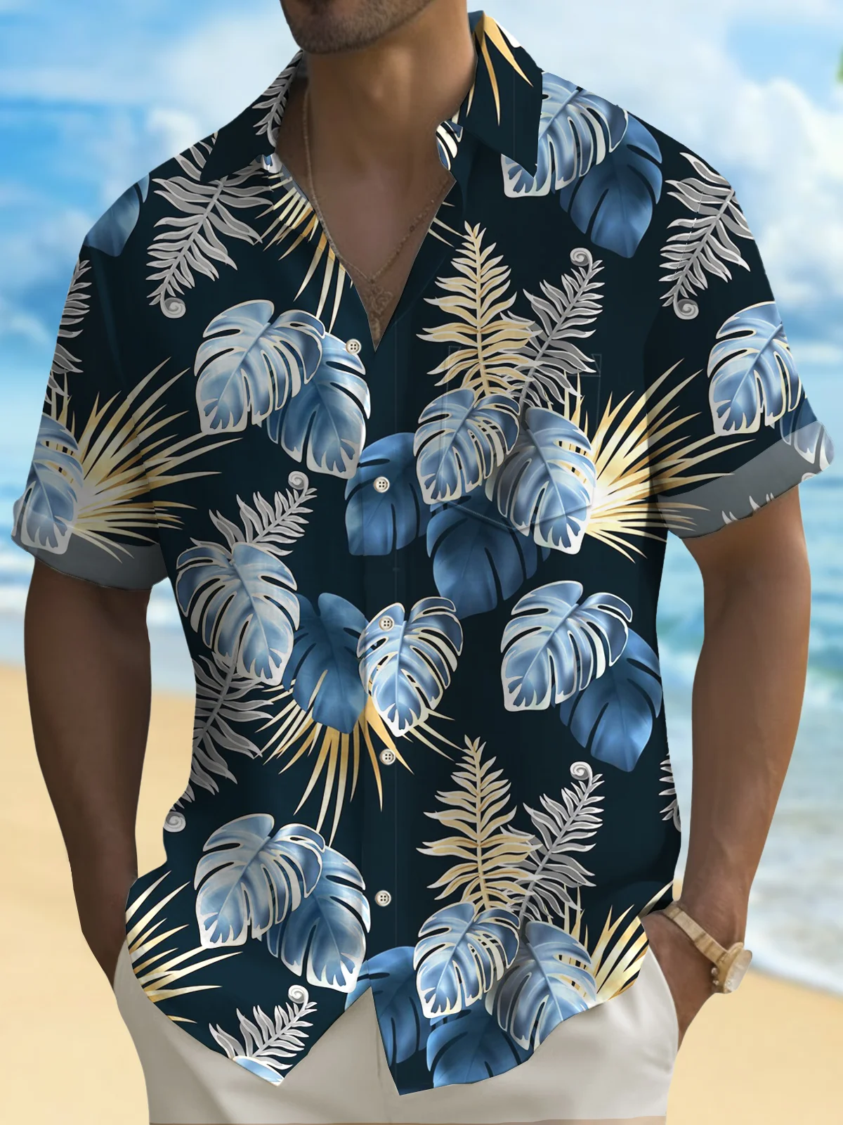 Royaura® Hawaiian Floral Plant Leaves Tropical Print Mens Button Pocket Short Sleeve Shirt Big & Tall