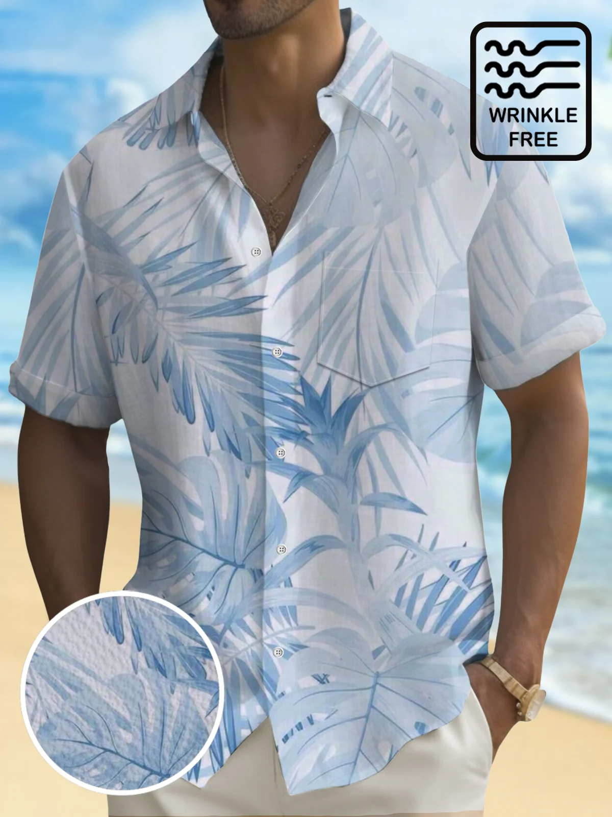 Royaura® Hawaiian Gradient Palm Leaf Print Men's Button Pocket Short Sleeve Shirt Big & Tall