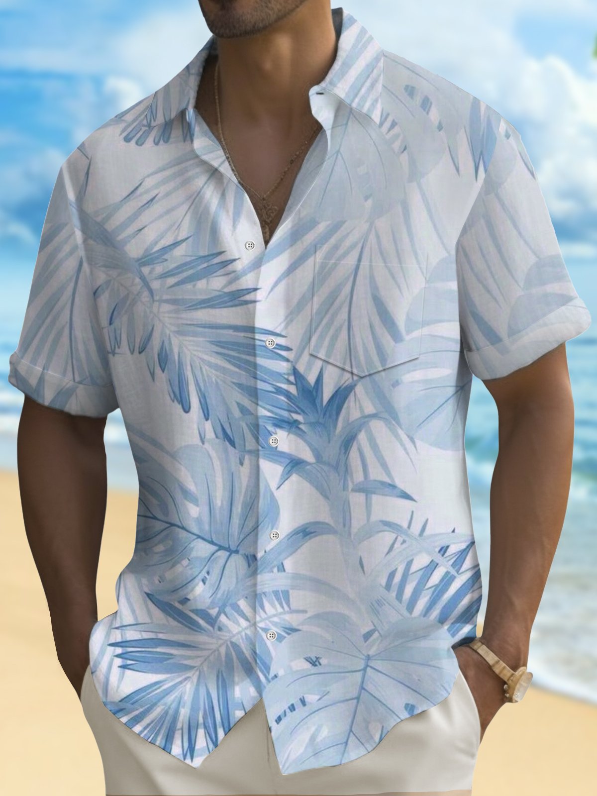 Royaura® Hawaiian Gradient Palm Leaf Print Men's Button Pocket Short Sleeve Shirt Big & Tall