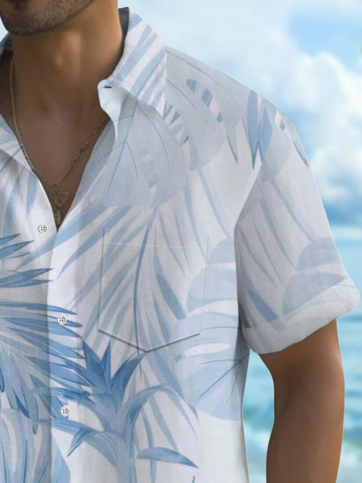 Royaura® Hawaiian Gradient Palm Leaf Print Men's Button Pocket Short Sleeve Shirt Big & Tall