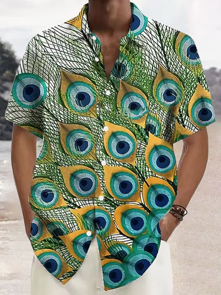 Royaura® Peacock Feather Print Men's Button Pocket Short Sleeve Shirt Big & Tall