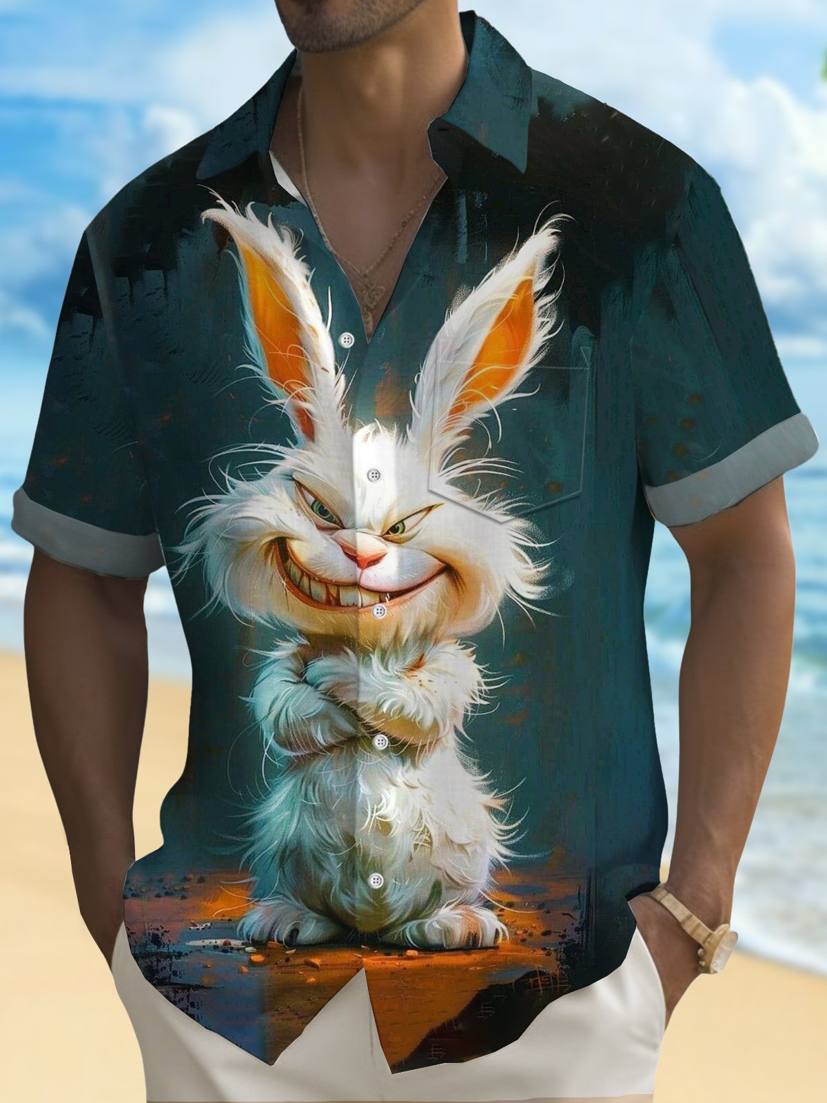 Royaura® Cartoon Funny Rabbit Print Men's Button Pocket Short Sleeve Shirt Big & Tall