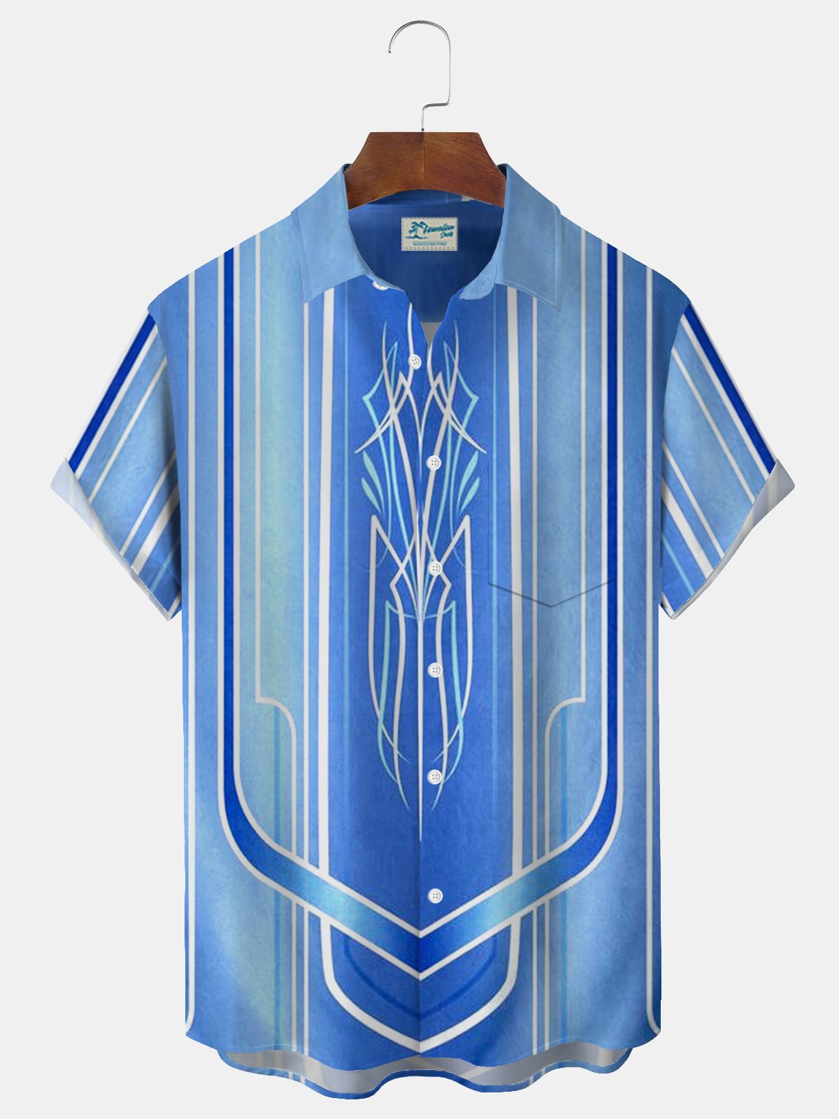 Royaura® Retro Geometric Pinstripe Car Line Print Men's Button Pocket Short Sleeve Shirt Big & Tall