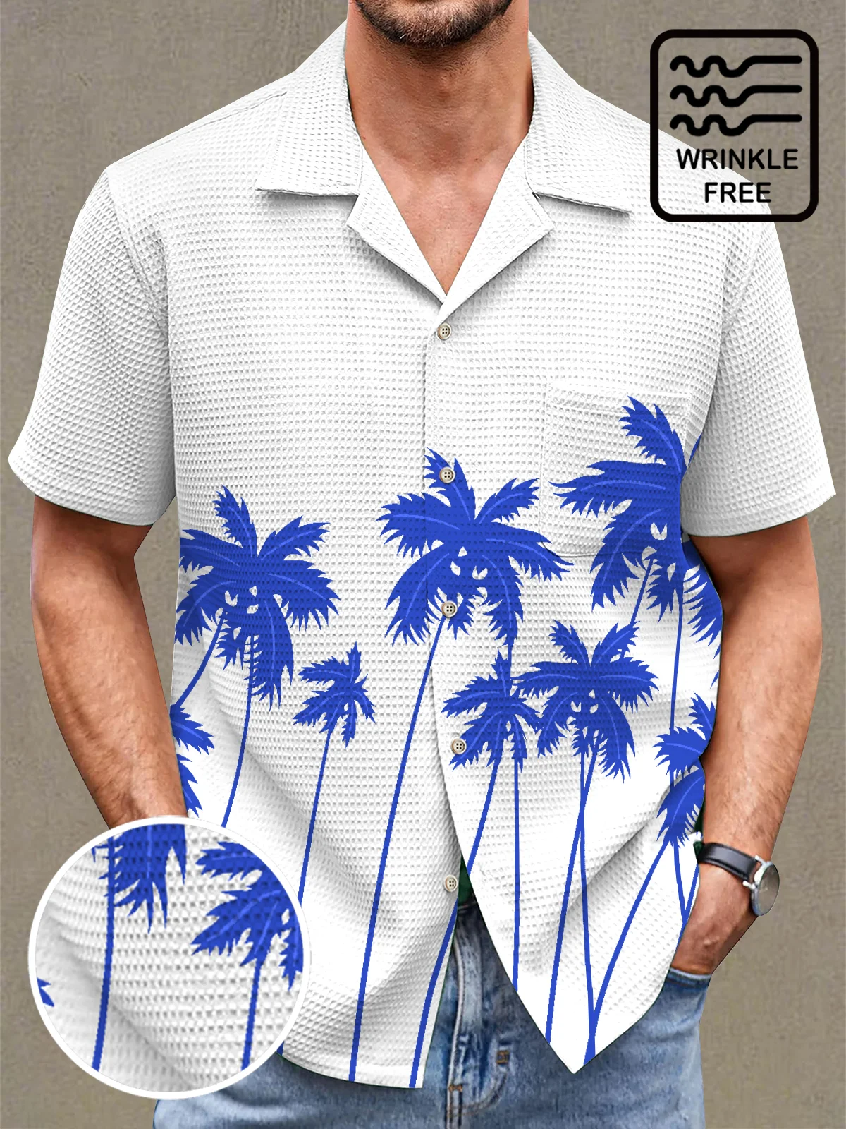 Royaura® Beach Resort Men's Hawaiian Shirt Coconut Tree Print Wrinkle Free Seersucker Stretch Pocket Camping Shirt Big Tall