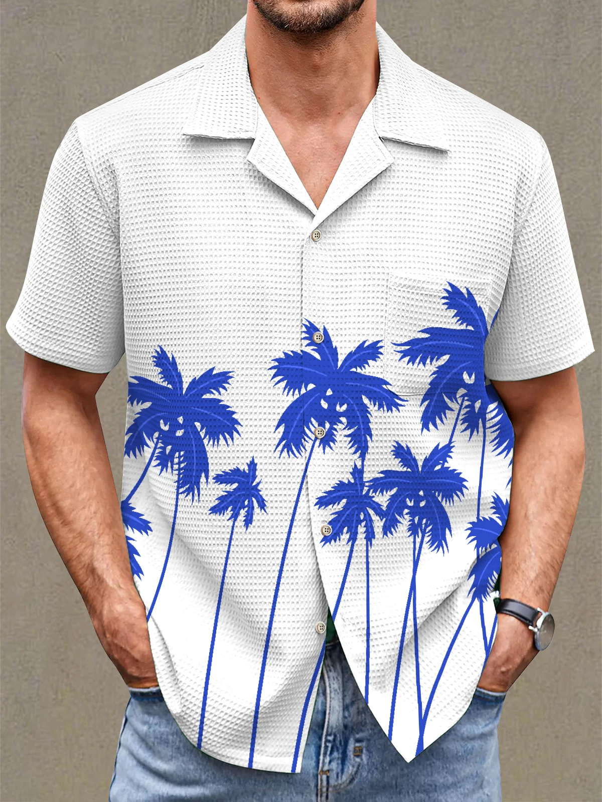 Royaura® Beach Resort Men's Hawaiian Shirt Coconut Tree Print Wrinkle Free Seersucker Stretch Pocket Camping Shirt Big Tall