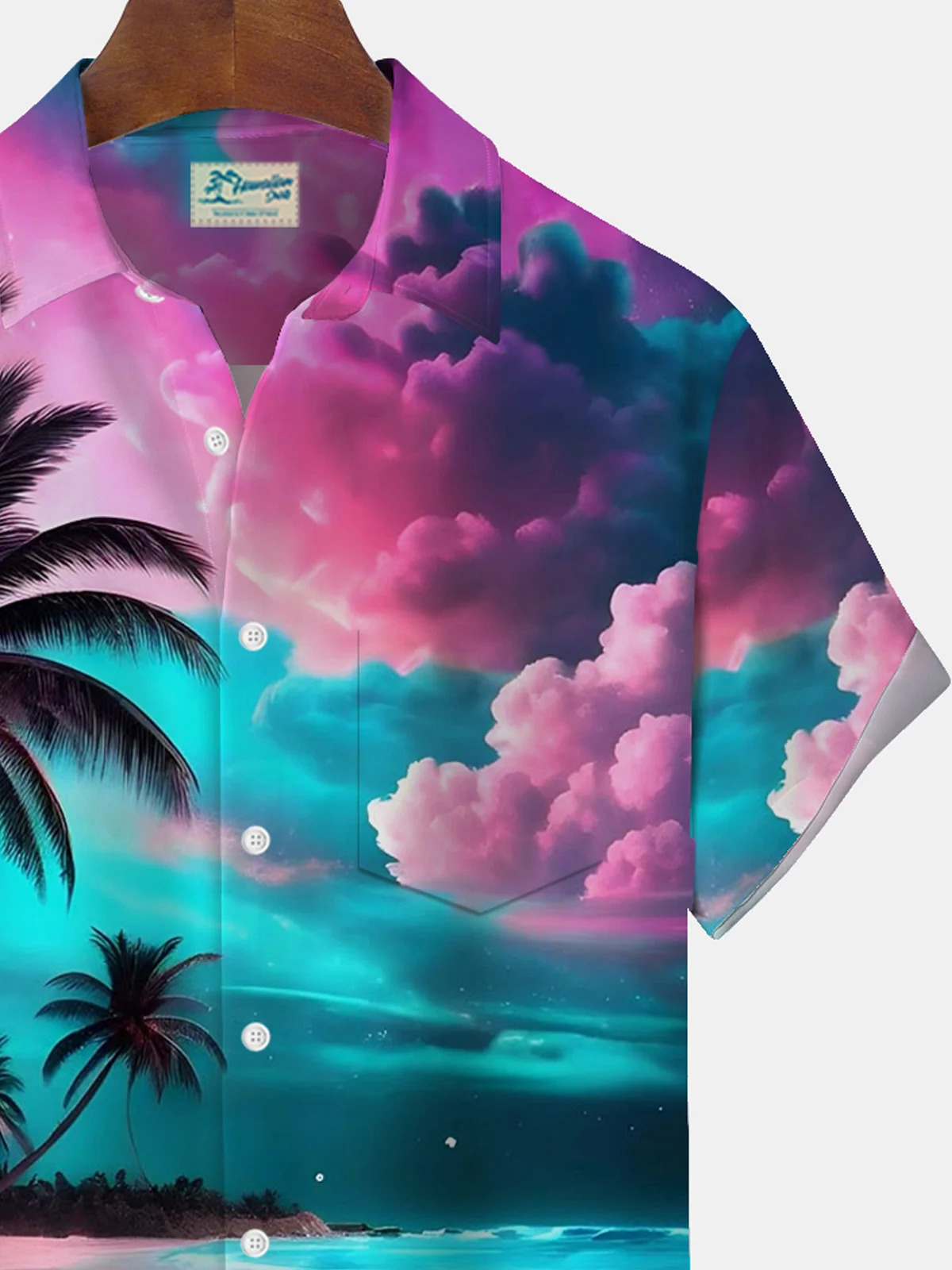 Royaura® Hawaiian Coconut Tree Gradient Sunset Beach Scenery Print Men's Button Pocket Short Sleeve Shirt Big & Tall