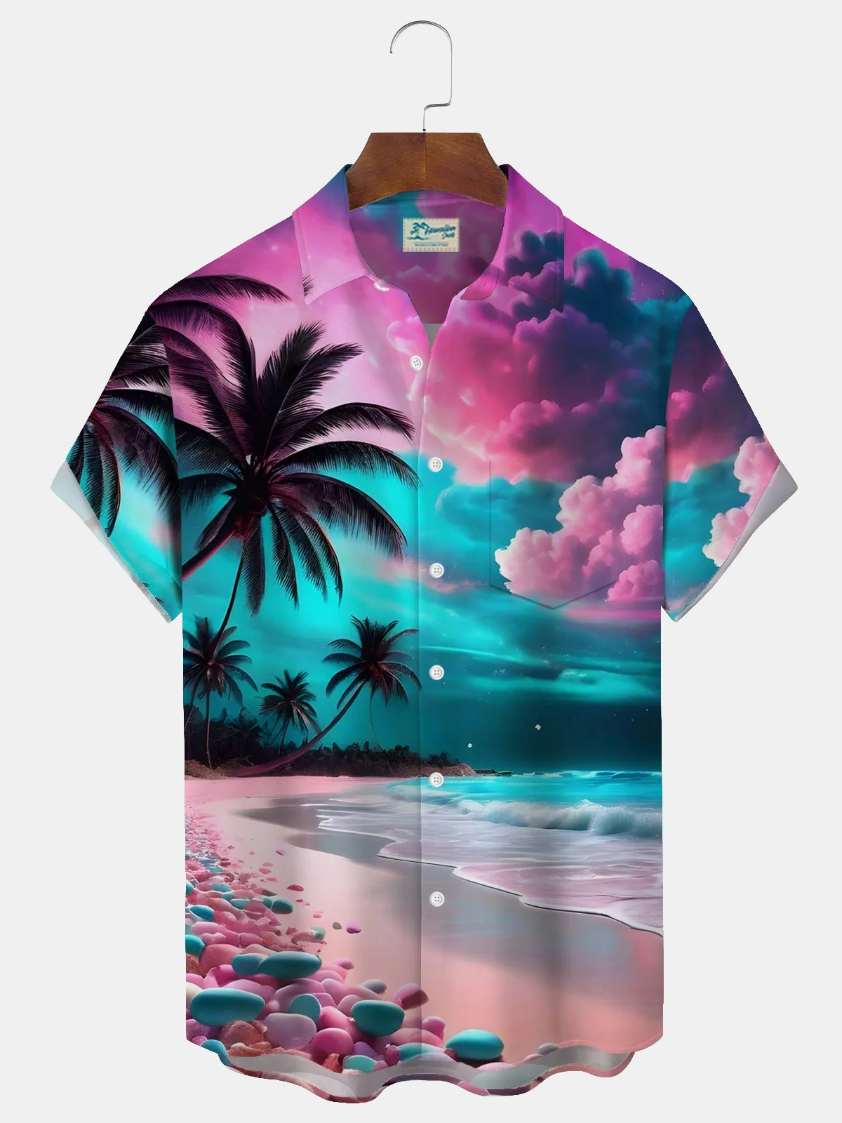 Royaura® Hawaiian Coconut Tree Gradient Sunset Beach Scenery Print Men's Button Pocket Short Sleeve Shirt Big & Tall