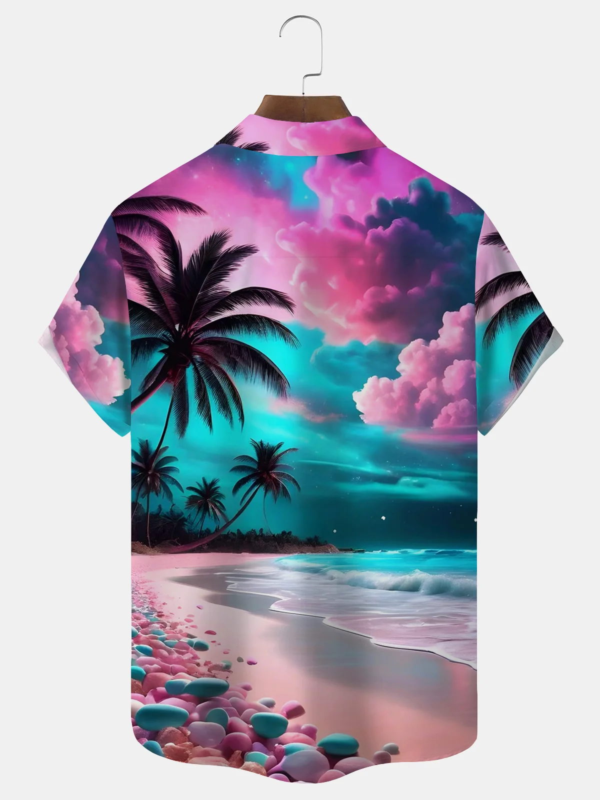 Royaura® Hawaiian Coconut Tree Gradient Sunset Beach Scenery Print Men's Button Pocket Short Sleeve Shirt Big & Tall