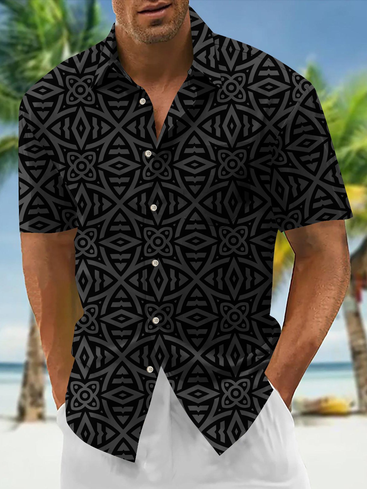 Royaura® Vintage Geometry Print Men's Chest Pocket Elasticity Hawaiian Shirt Big Tall