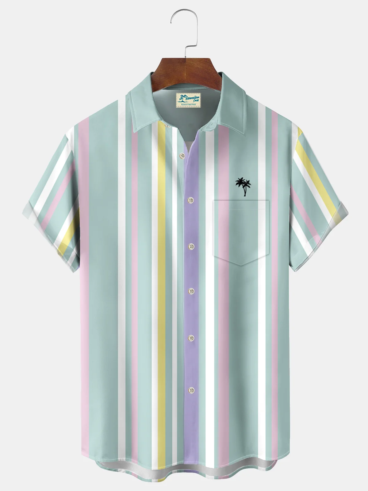 Royaura® Basic Men's Striped Coconut Tree Print Wrinkle Free Seersucker Stretch Pocket Camping Shirt Big Tall