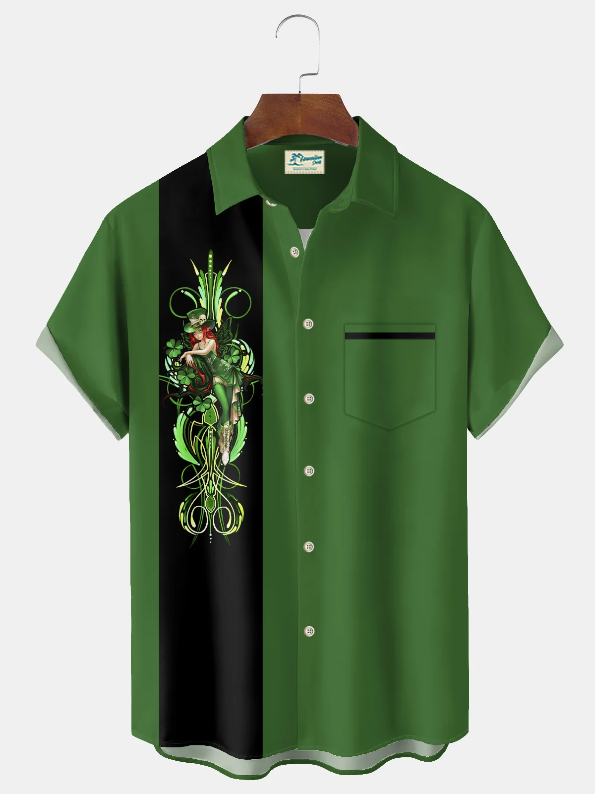 Royaura® Vintage Bowling St. Patrick's Day Pinstripe Print Chest Pocket Elasticity Hawaiian Holiday Shirt Costumes Outfits Big Tall