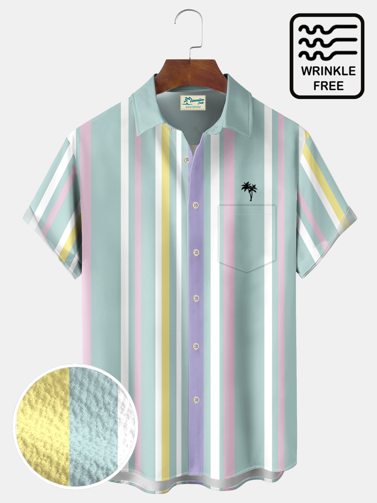 Royaura® Basic Men's Striped Coconut Tree Print Wrinkle Free Seersucker Stretch Pocket Camping Shirt Big Tall