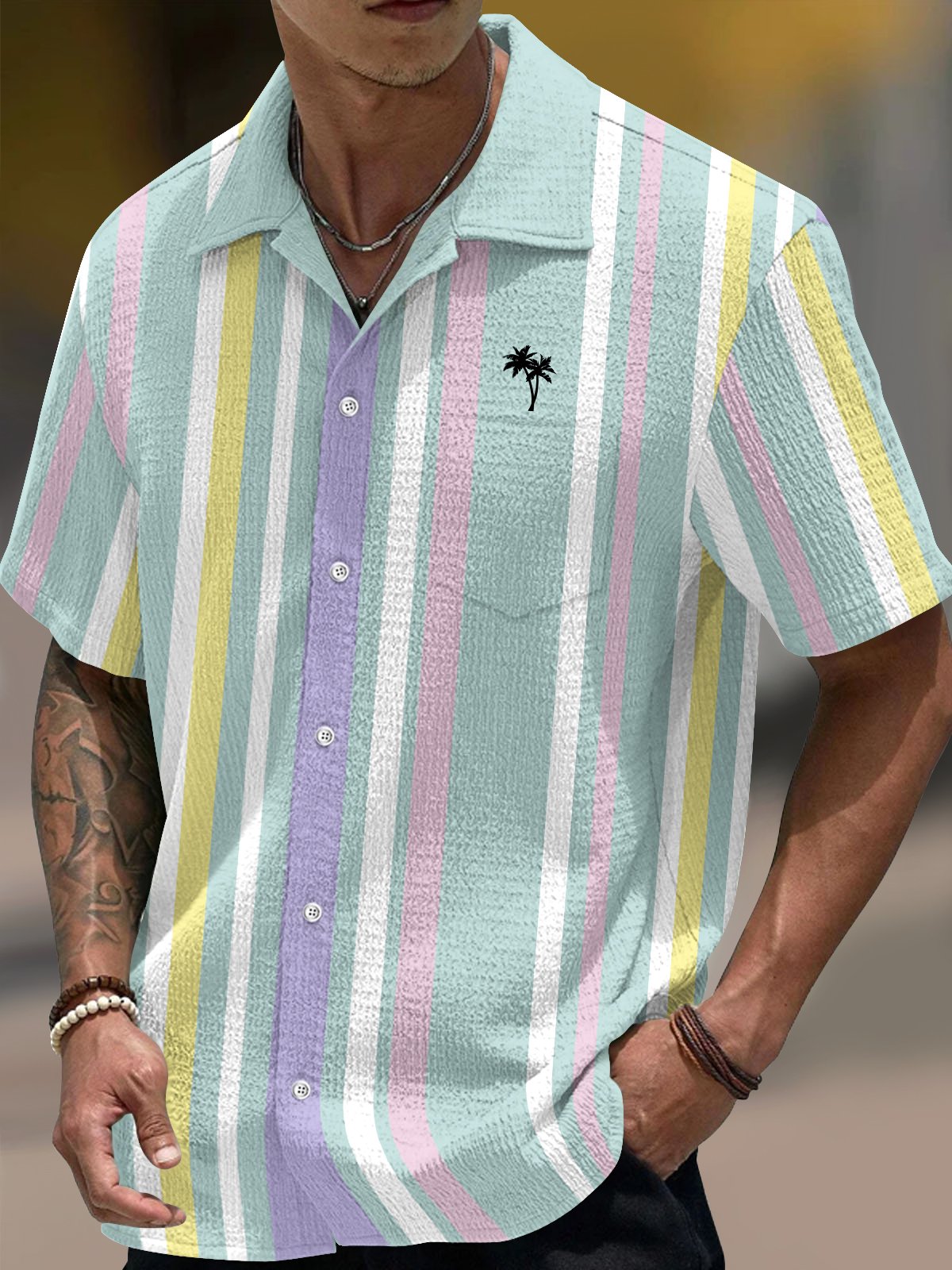 Royaura® Basic Men's Striped Coconut Tree Print Wrinkle Free Seersucker Stretch Pocket Camping Shirt Big Tall