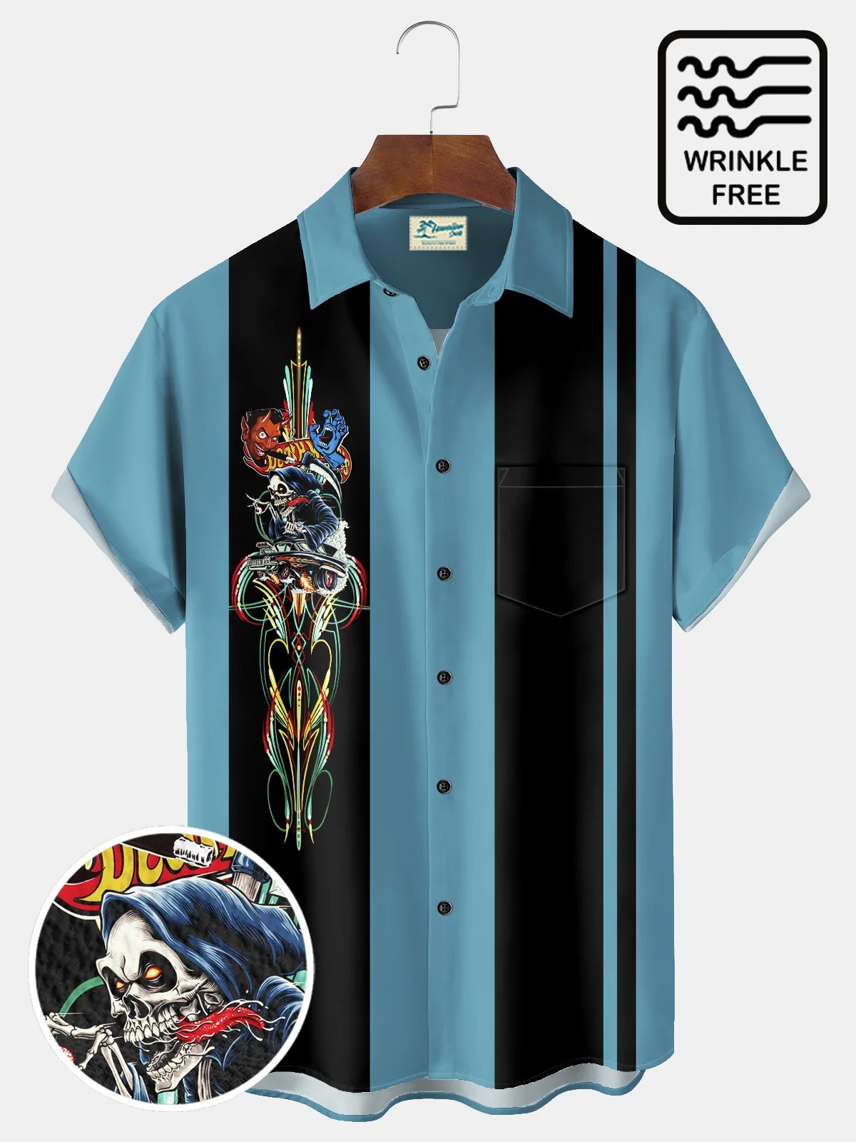 Royaura® Vintage Bowling Pinstripe Skeleton Hot Rod Gasoline Devil Print Men's Wrinkle Free Seersucker Hawaiian Shirt Big Tall