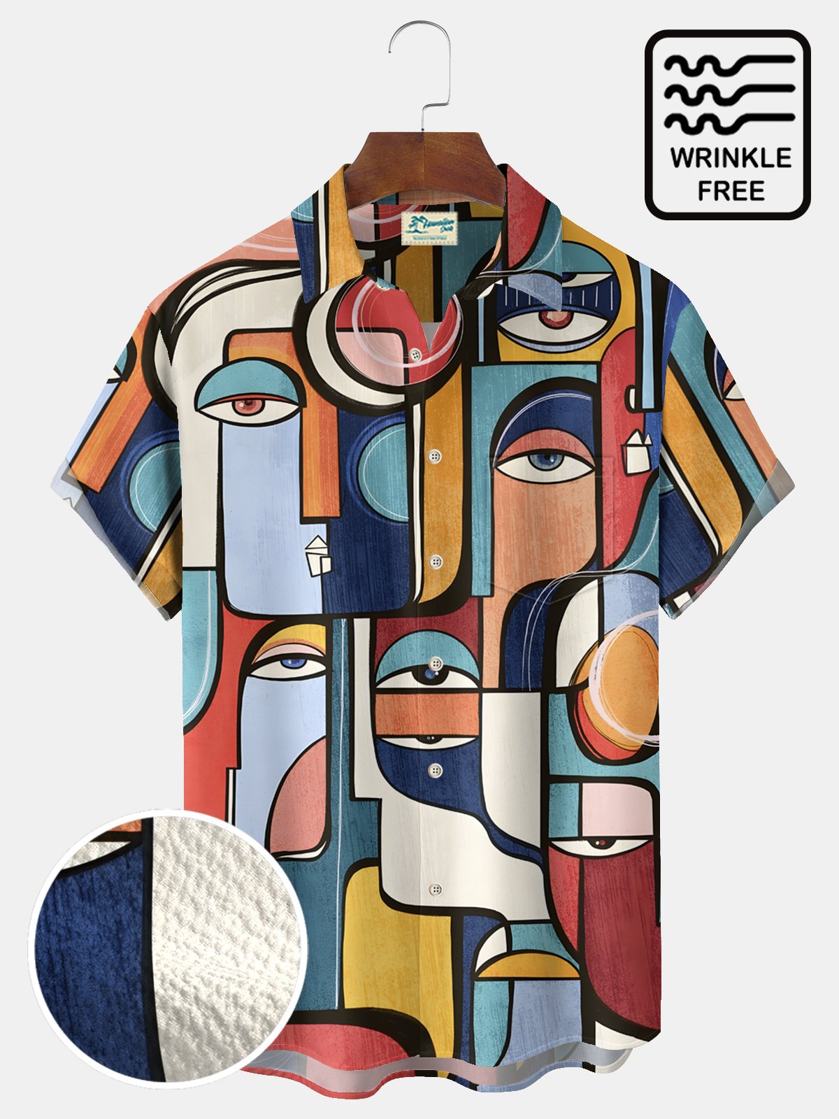 Royaura® Vintage Face Art Print Men's Wrinkle Free Seersucker Stretch Pocket Camping Shirt Big Tall