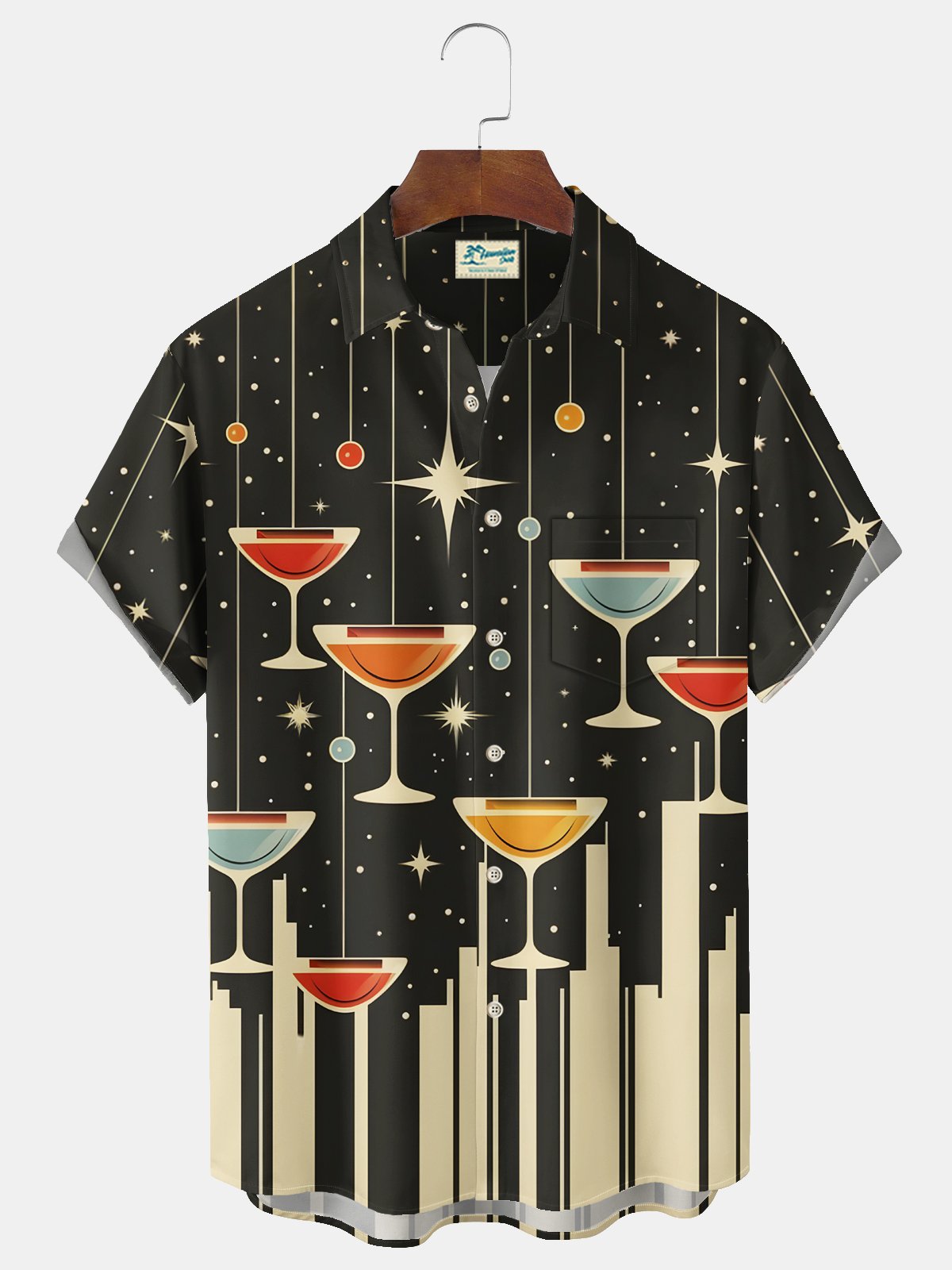 Royaura® Vintage Geometric Cocktail Print Chest Pocket Elasticity Hawaiian Shirt Big Tall