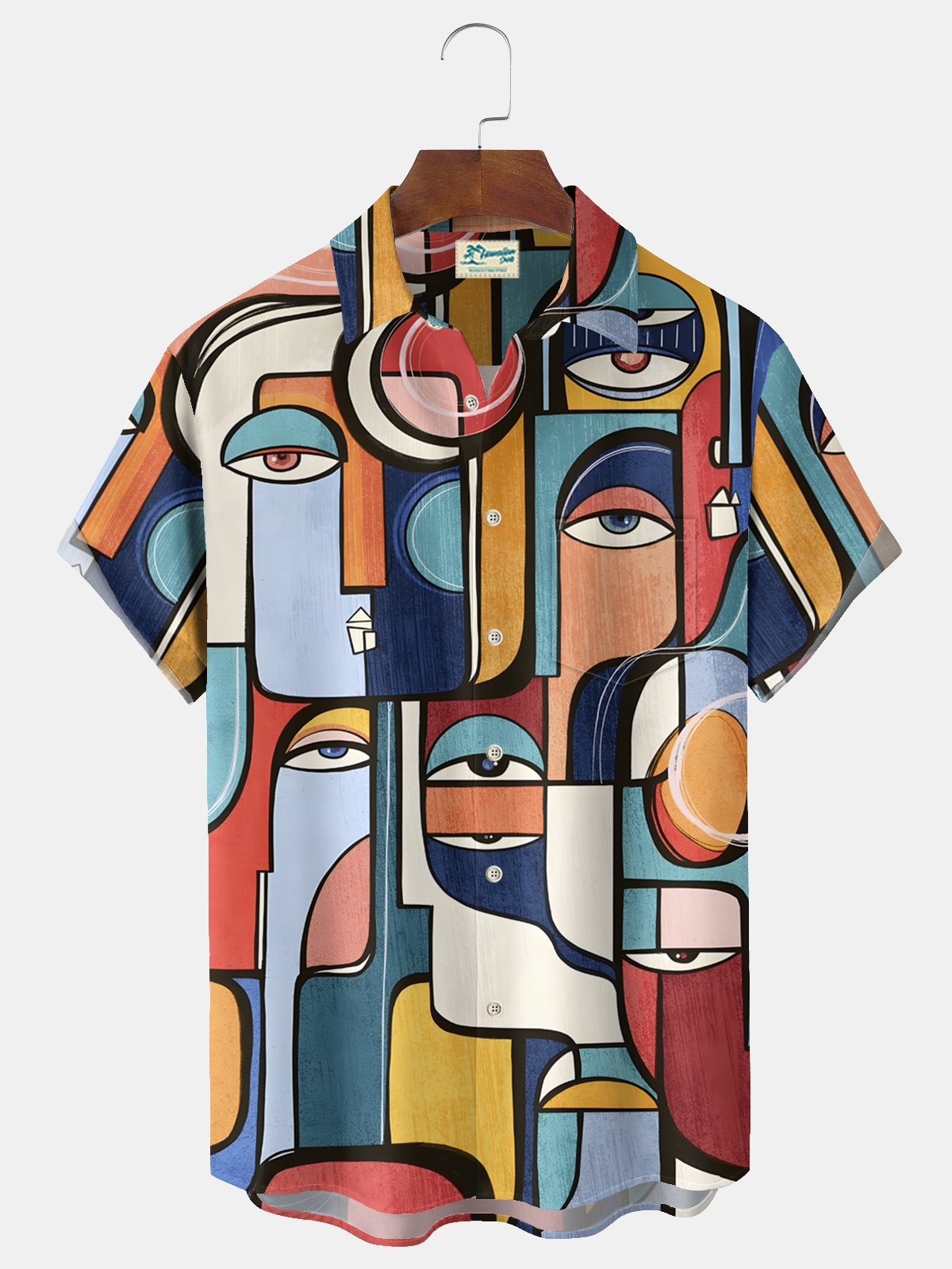 Royaura® Vintage Face Art Print Men's Wrinkle Free Seersucker Stretch Pocket Camping Shirt Big Tall