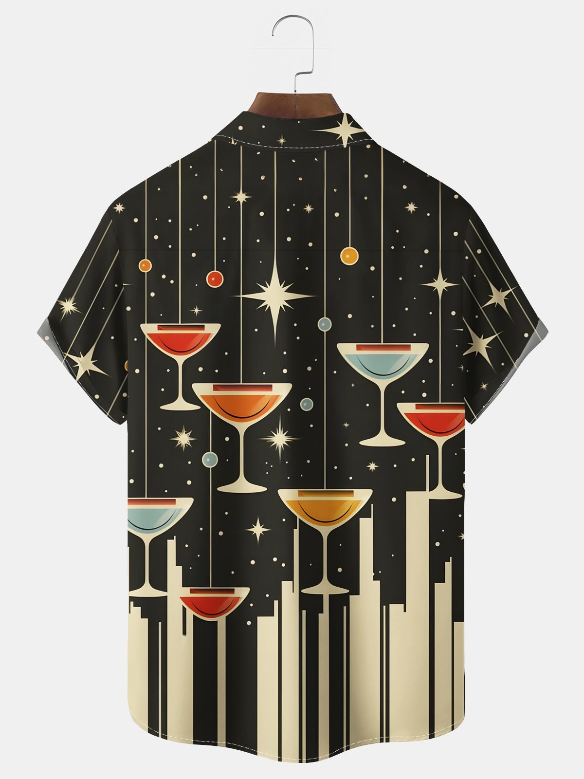 Royaura® Vintage Geometric Cocktail Print Chest Pocket Elasticity Hawaiian Shirt Big Tall