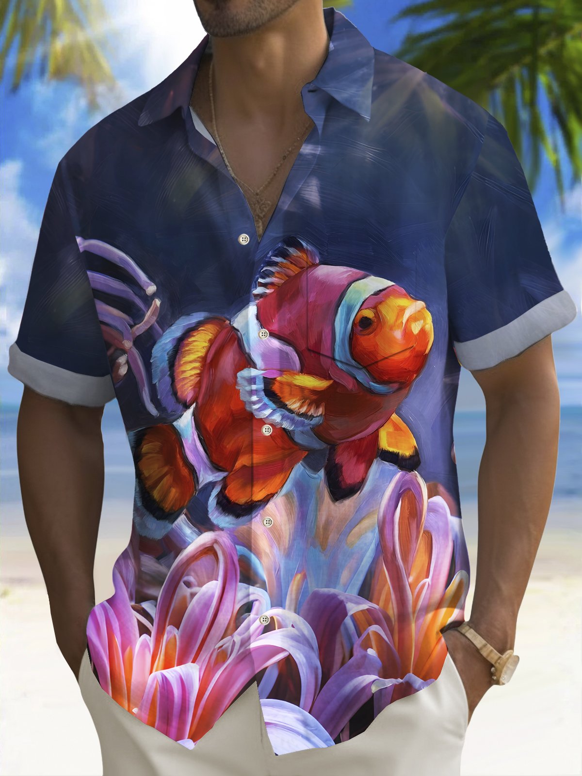 Royaura® Beach Resort Men's Hawaiian Shirt Clownfish Print Pocket Camping Shirt Big Tall