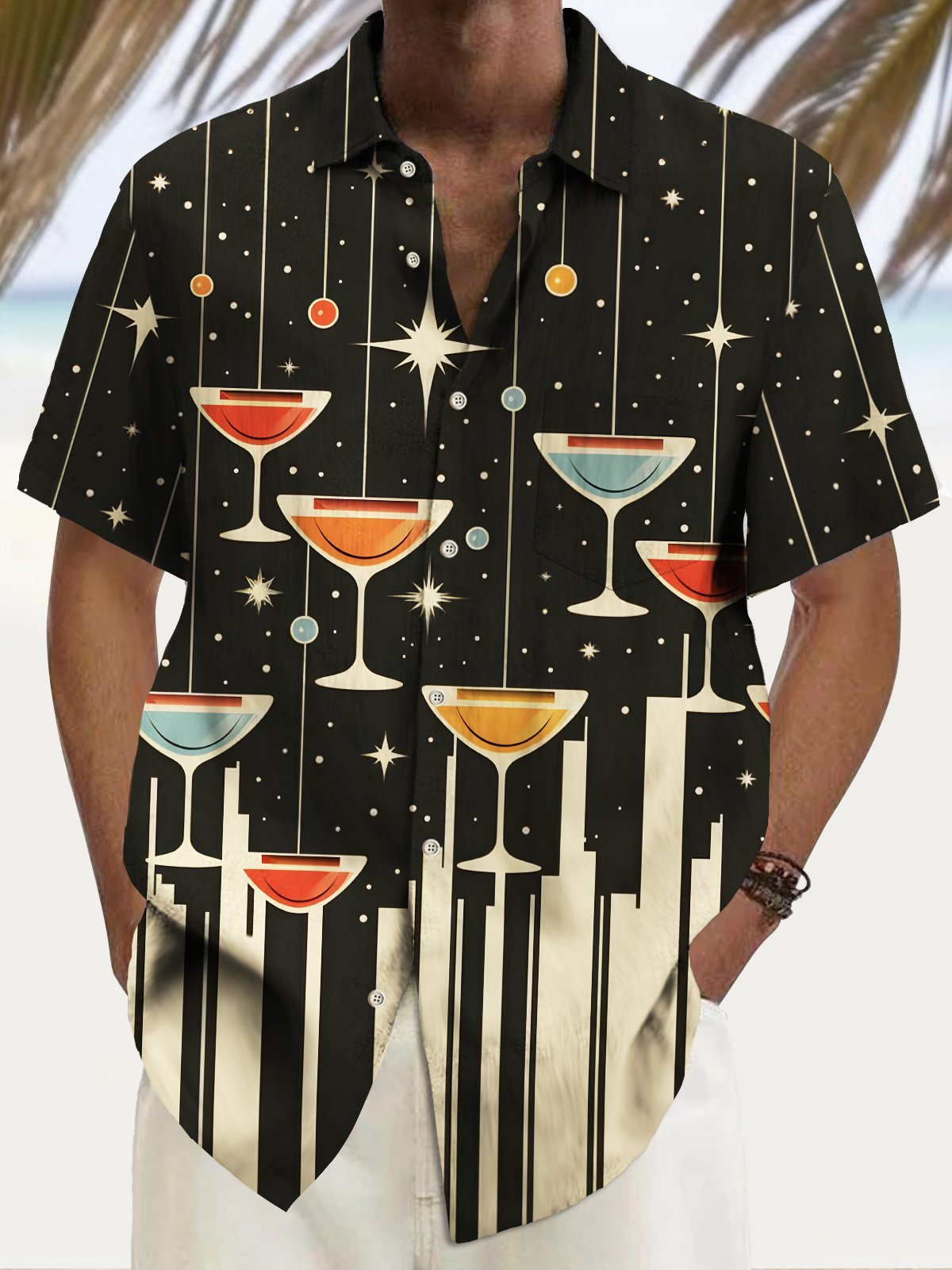 Royaura® Vintage Geometric Cocktail Print Chest Pocket Elasticity Hawaiian Shirt Big Tall