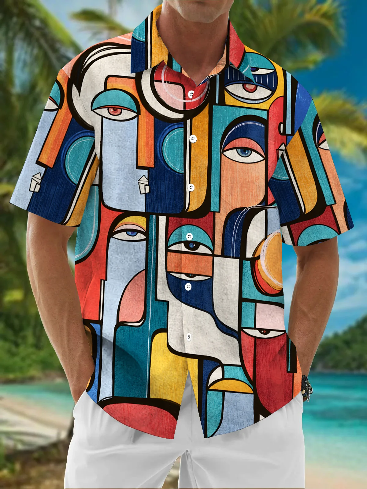 Royaura® Vintage Face Art Print Men's Wrinkle Free Seersucker Stretch Pocket Camping Shirt Big Tall