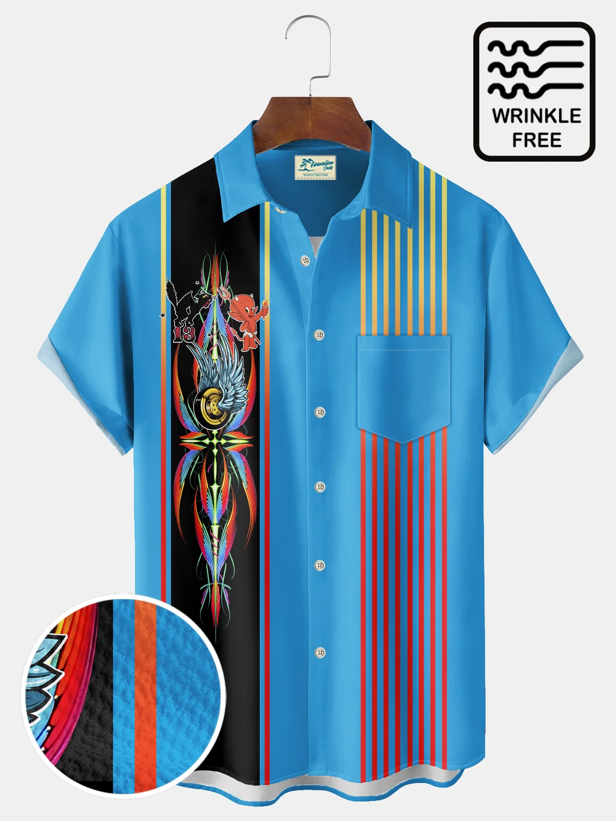 Royaura® Vintage Bowling Pinstripe Lucky 13 Gasoline Devil Print Men's Wrinkle Free Seersucker Hawaiian Shirt Big Tall