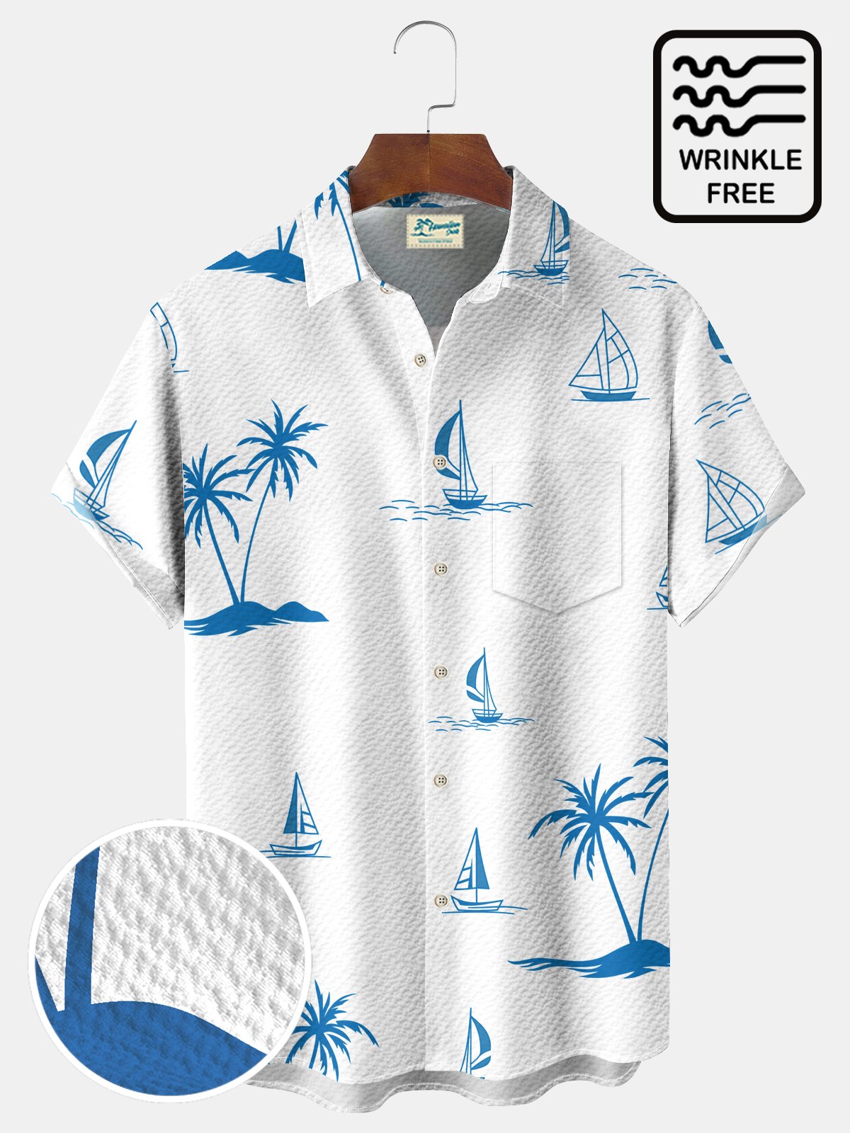 Royaura® Beach Resort Men's Hawaiian Shirt Coconut Tree Sailboat Print Wrinkle Free Seersucker Stretch Pocket Camping Shirt Big Tall