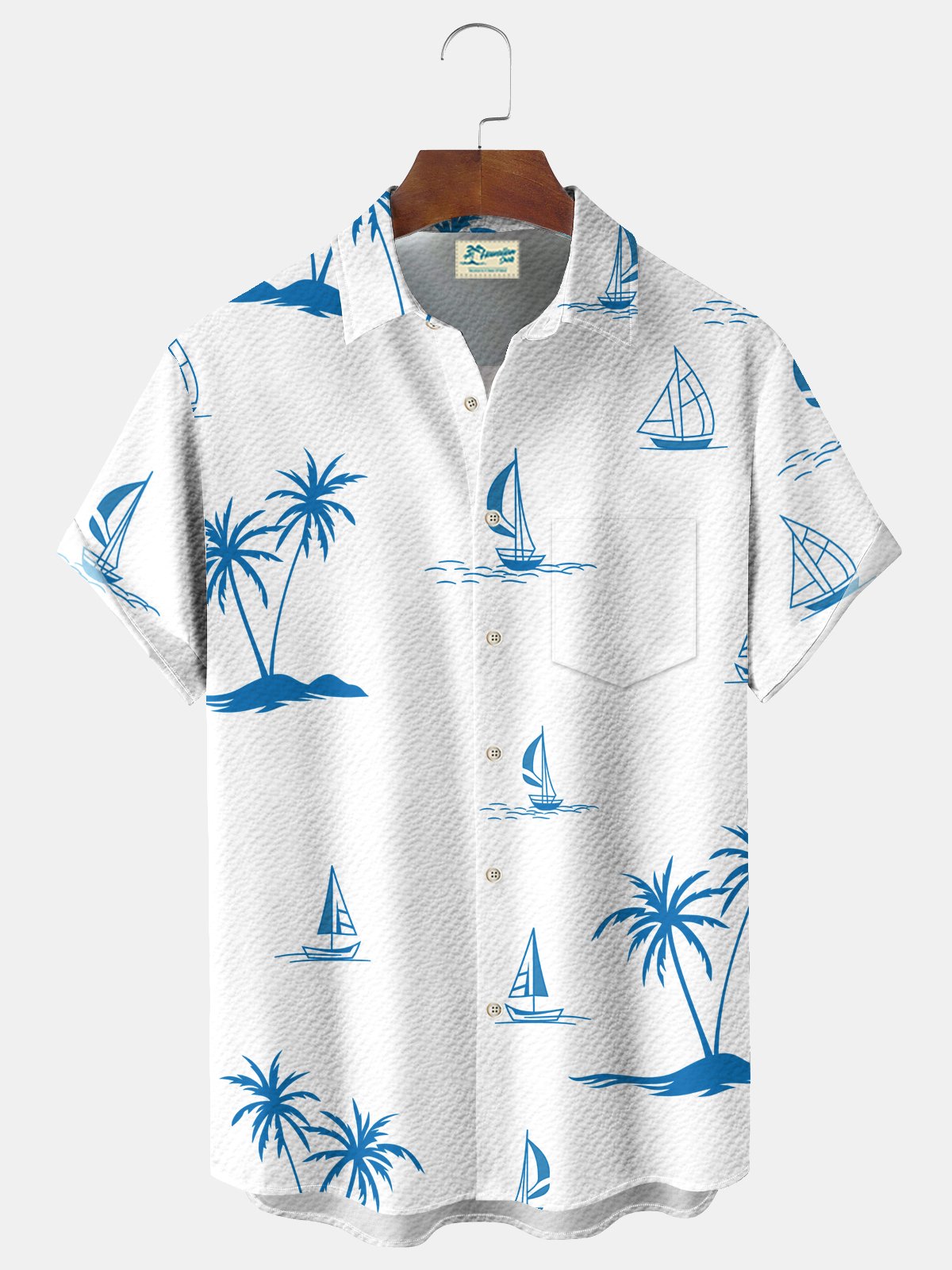 Royaura® Beach Resort Men's Hawaiian Shirt Coconut Tree Sailboat Print Wrinkle Free Seersucker Stretch Pocket Camping Shirt Big Tall