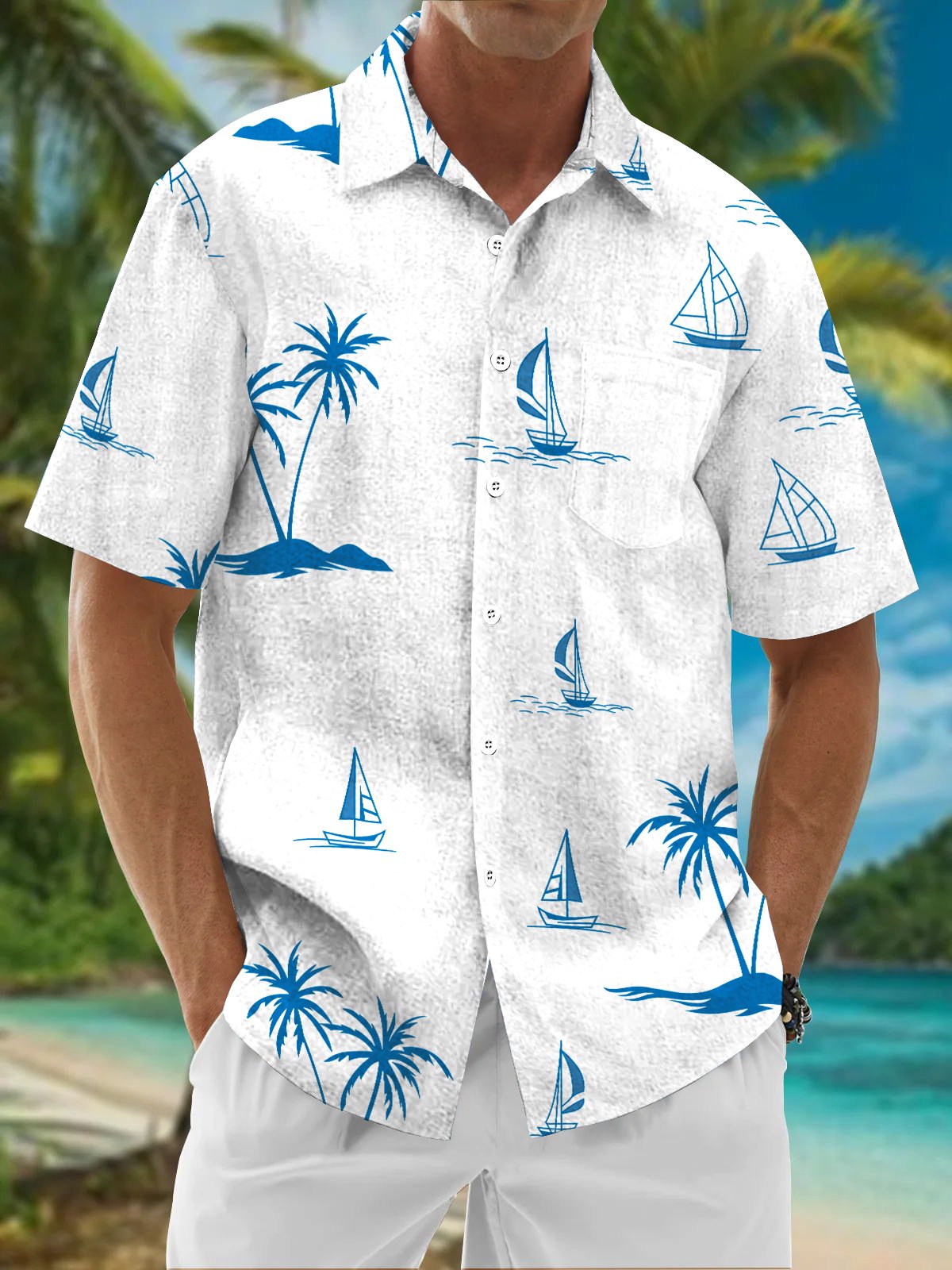 Royaura® Beach Resort Men's Hawaiian Shirt Coconut Tree Sailboat Print Wrinkle Free Seersucker Stretch Pocket Camping Shirt Big Tall