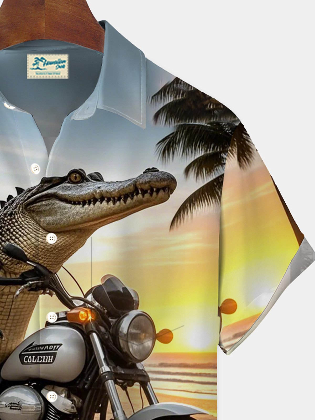 Royaura® Hawaiian Alligator Coconut Tree Gradient Sunset Print Men's Button Pocket Short Sleeve Shirt Big & Tall