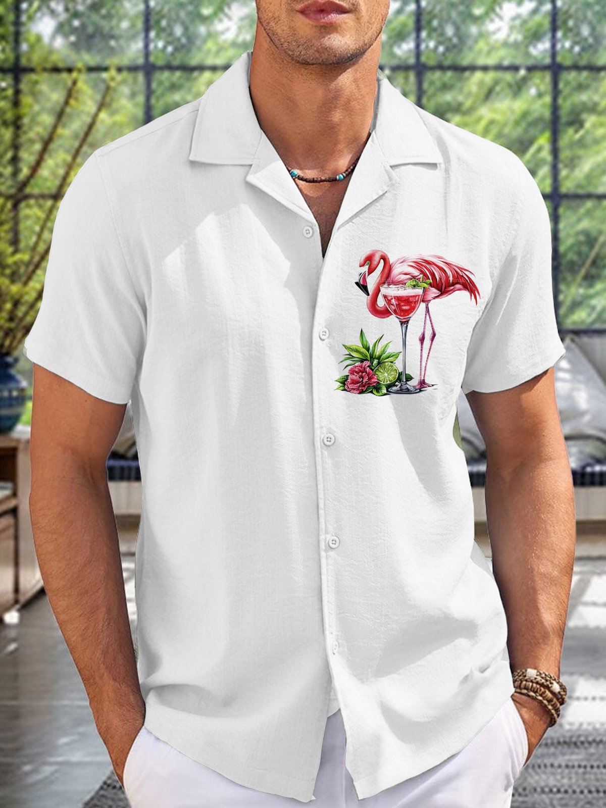 Royaura® Hawaiian Flamingo Cocktail Print Men's Button Pocket Short Sleeve Shirt Big & Tall