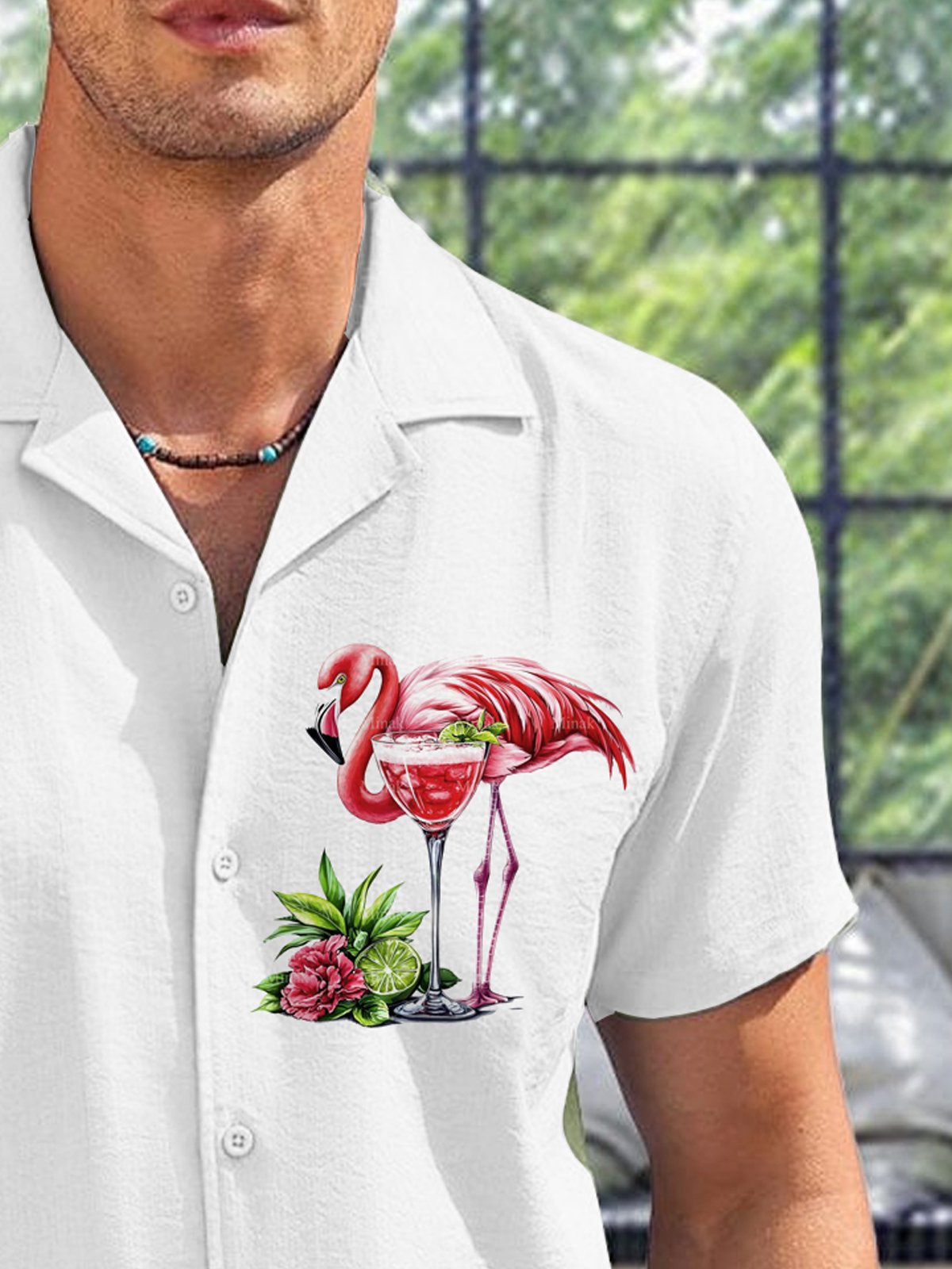 Royaura® Hawaiian Flamingo Cocktail Print Men's Button Pocket Short Sleeve Shirt Big & Tall