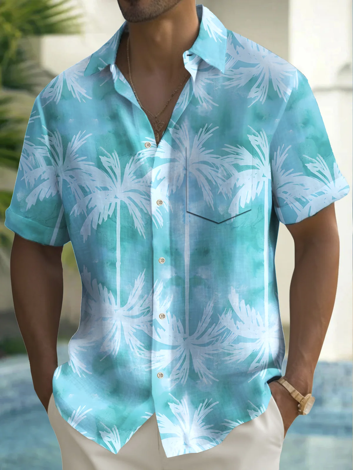 Royaura® Beach Resort Men's Hawaiian Shirt Gradient Coconut Tree Print Pocket Camping Shirt Big Tall