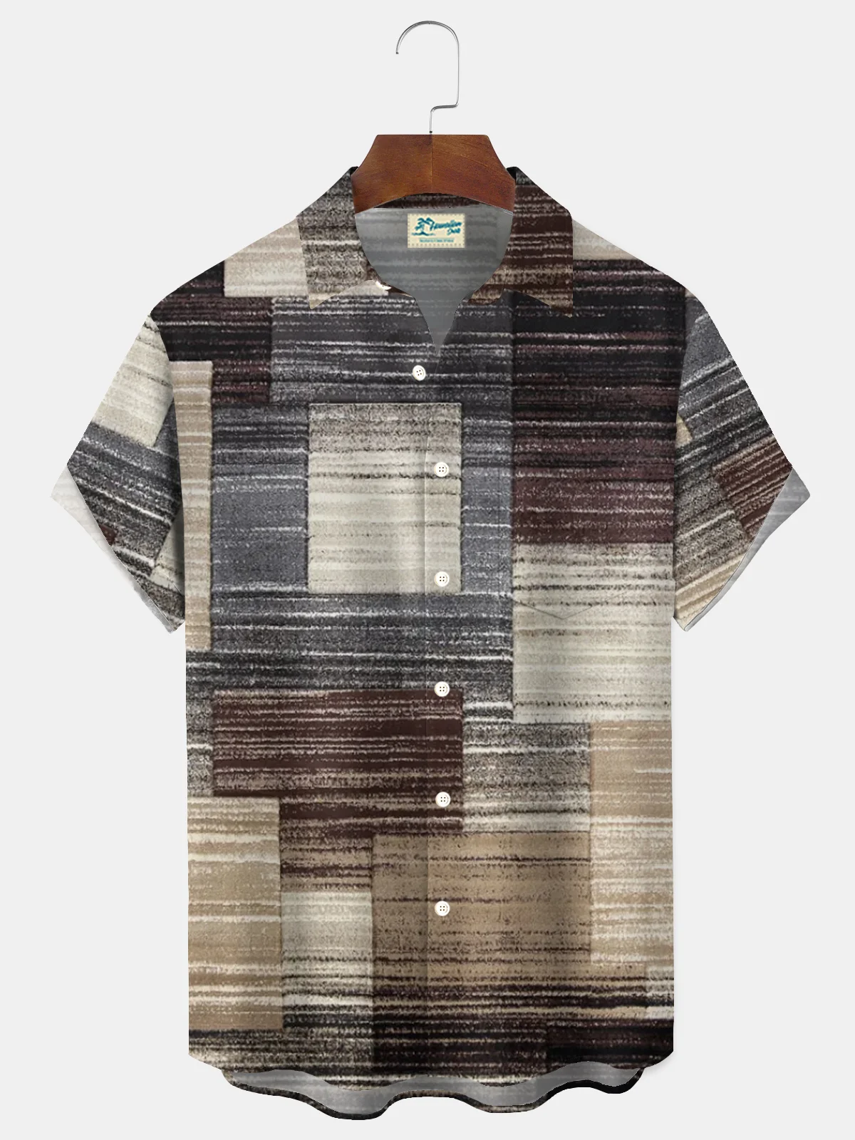 Royaura® Retro Geometric Color Block Carpet Print Men's Button Pocket Short Sleeve Shirt Big & Tall