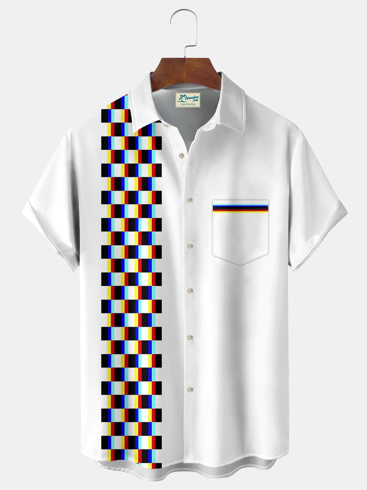 Royaura® Vintage Bowling Op Art Checkerboards Print Men's Wrinkle Free Seersucker Hawaiian Shirt Big Tall